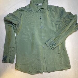 agnès b. Green Silk Satin Collared Long Sleeve Button-Up Blouse Women's